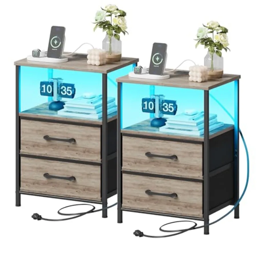 

Nightstands Set of 2 with Charging Station and LED Lights Bedside Table with 2 Fabric Drawers Small Side End Table with Open Sh