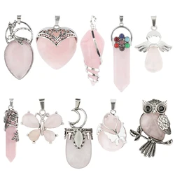 13 Types Rose Quartz Natural Stone Pendant With Chain Display Box Heart Waterdrop Shape Pendant fit for Women Jewelry Necklace