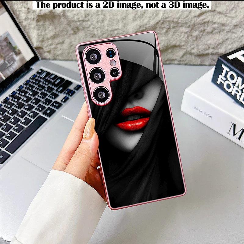 Black Veil Red Lips Print Glass Phone Case For Samsung S-Series A-Series Shockproof Full Cover