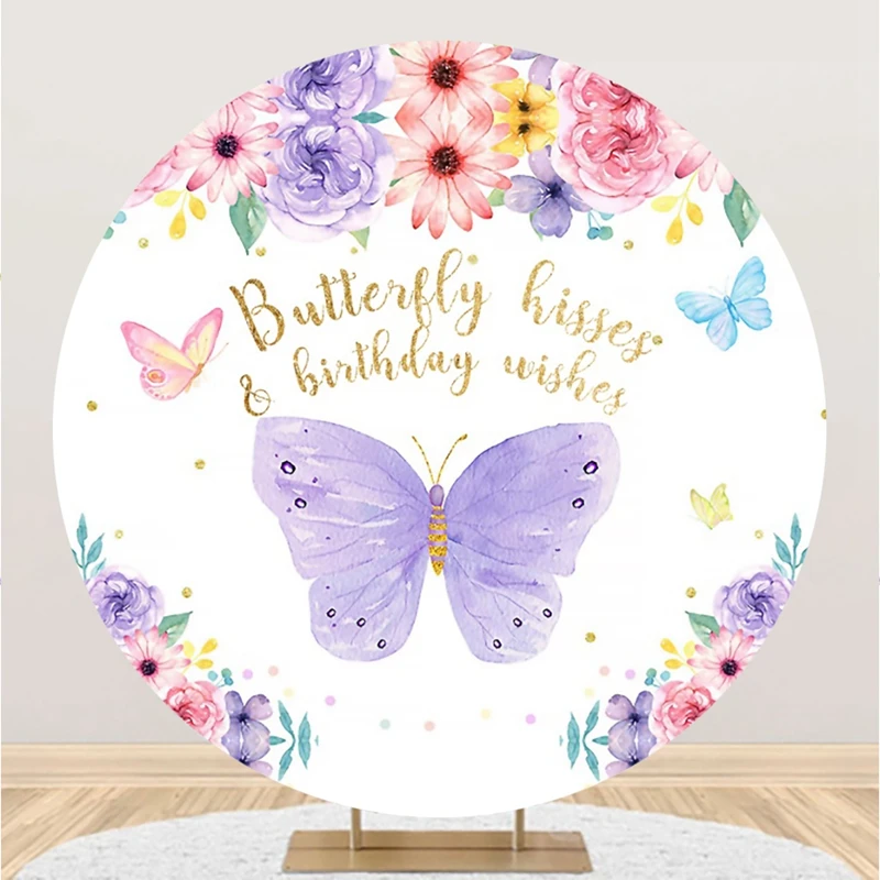 Butterfly Girl\'s Birthday Round Backdrops Photography Baby Shower Portrait Photographic Party Circle Backgrounds With Elastic