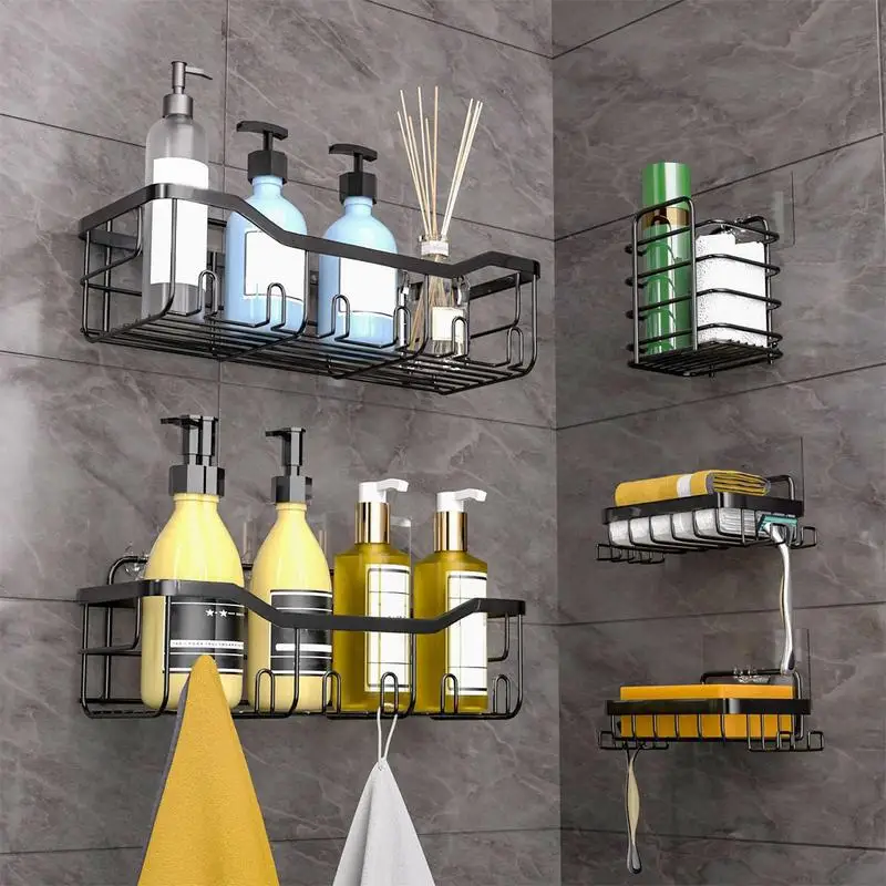 Self-Adhesive Shower Shelves Punch-Free Bathroom Shower Organizer Shower Wall Organizer Metal Stick-On Shower Shelf Shower Wall