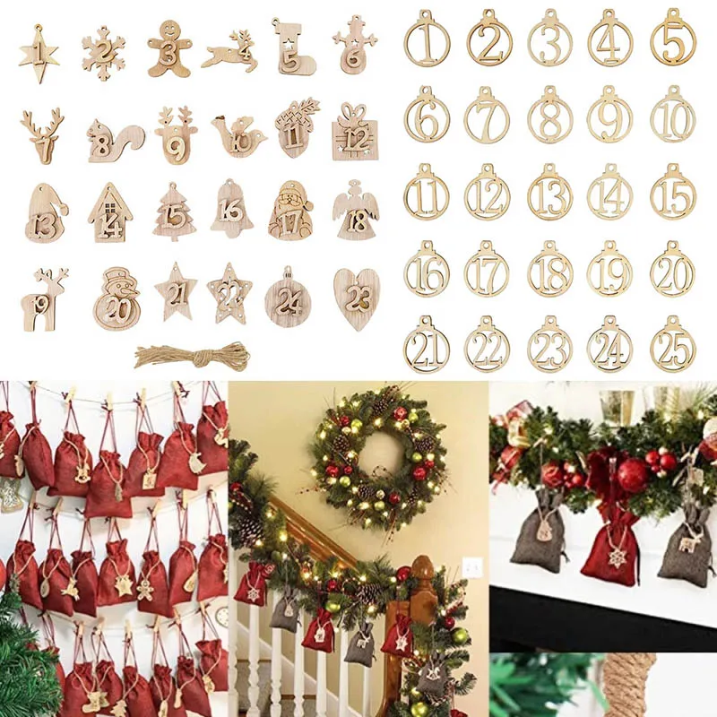 

Number 1-25 Christmas Wooden Countdown Christmas Advent Calendar Wooden Pendants For Xmas Party Kids Gift Hanging Tags New Year