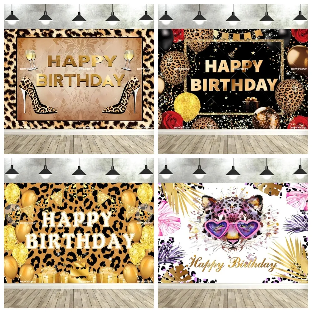

Happy Birthday background with leopard print gold theme, sparkling balloons for home party decoration banner shooting background