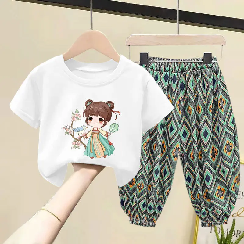 Summer Mother Kids Girl Sets Cute Baby Suits Children\'s Clothing Girls Toddlers T-shirt Tops Pants Two Piece Cotton 4-6Y