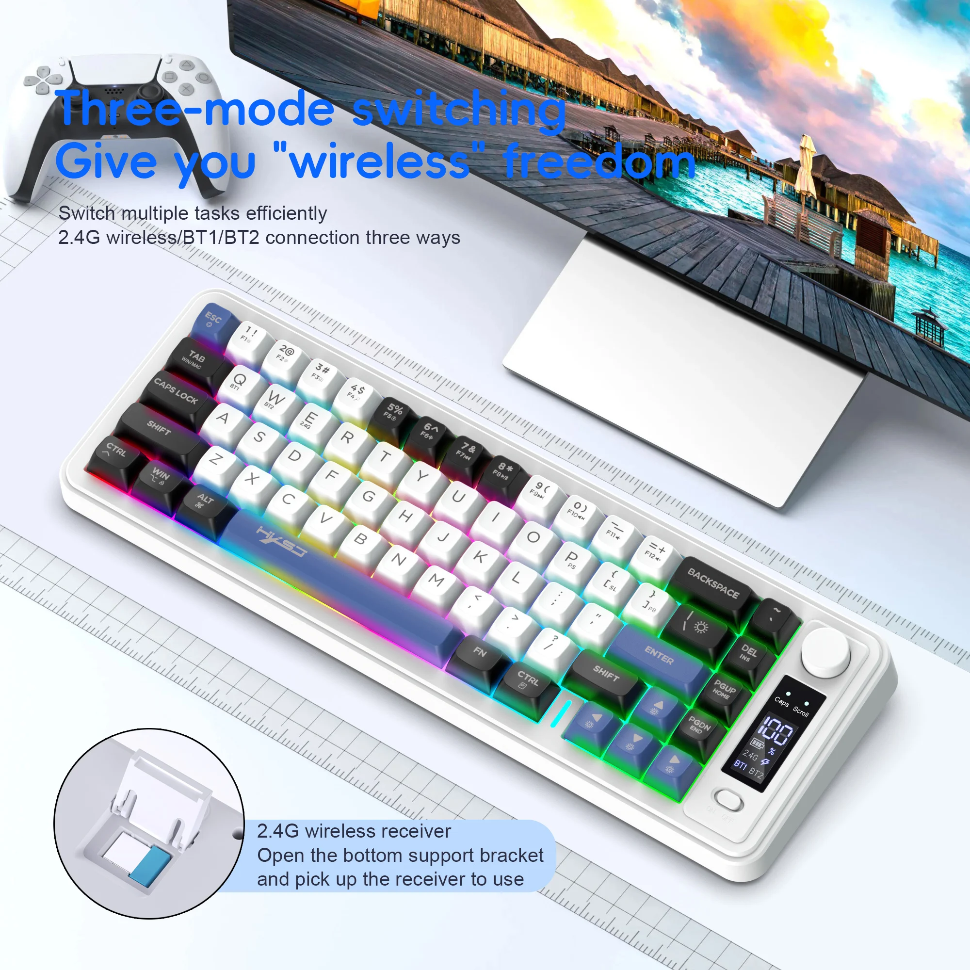 Teclado inalámbrico, perilla de volumen, teclado de modo dual compacto y portátil, perfecto para jugadores de PC/Mac y viajeros de negocios