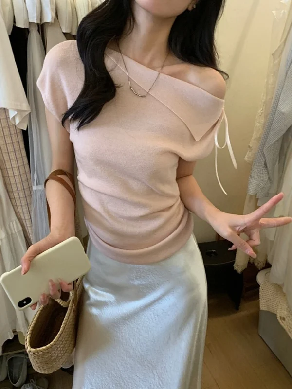 

Pink Irregular One oulder Slim Fit Knitted Top Korean Sle Commute Faion Soft Temperament Women's T-irt Summer