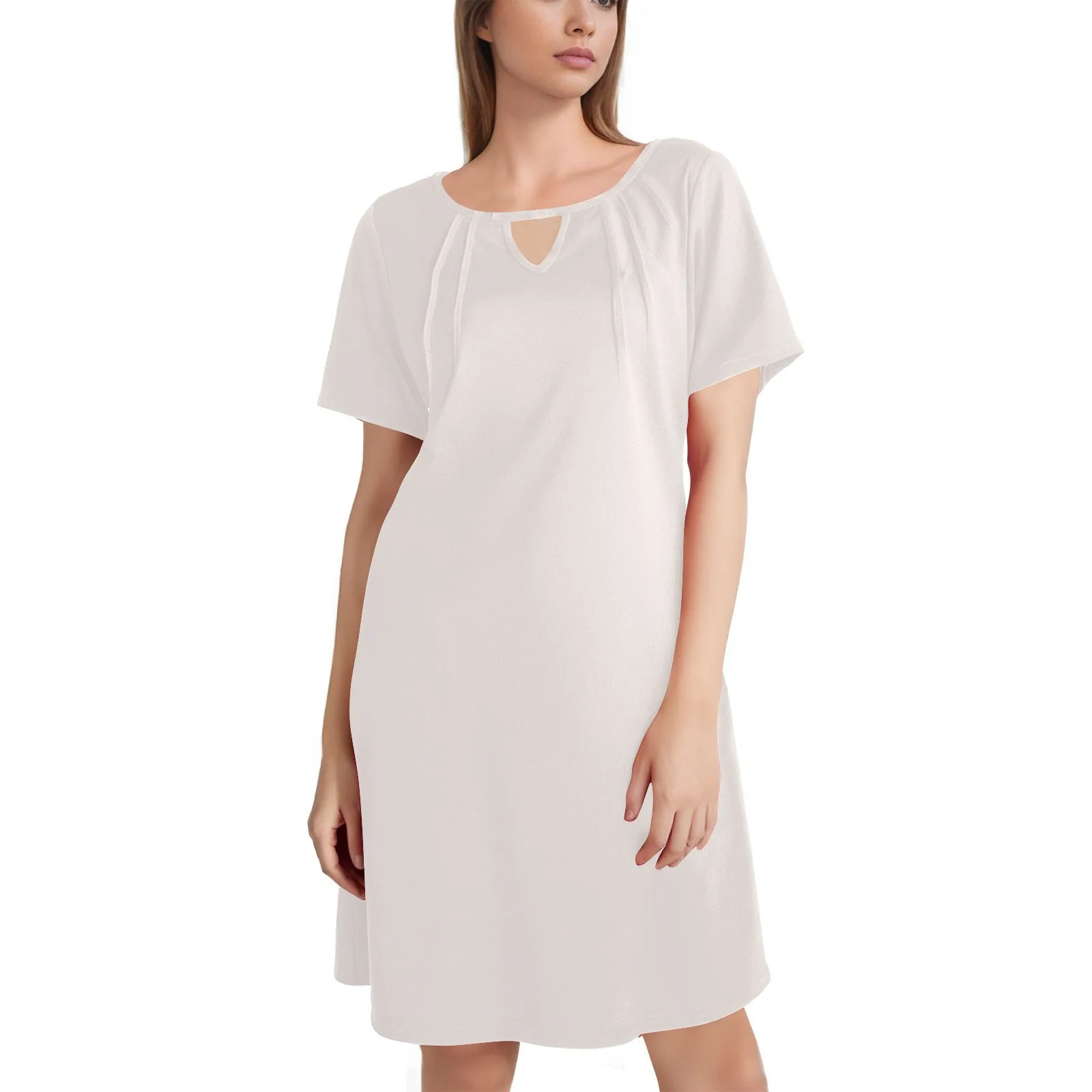 Casual Loose V-neck Dress Summer Women's Loose Dresses Female Short Sleeve Mid-length T Shirt-dress Solid Color