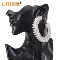 CUIER Stereoscopic 7cm Full Rhinestone Three-dimensional Big Hoop Earrings Women Jewelry for Girls Pageant Drag Queen Hip Hop