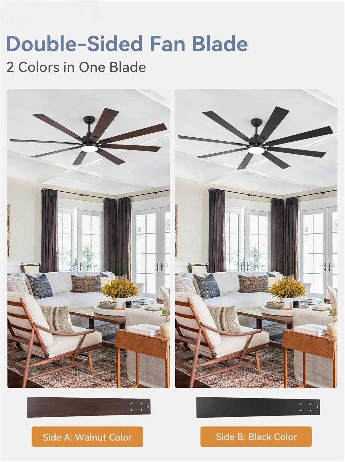 

72 inch Large Ceiling Fans with Lights and Remote, Indoor/Outdoor Black Modern Ceiling Fan for Kitchen Living Room Patio