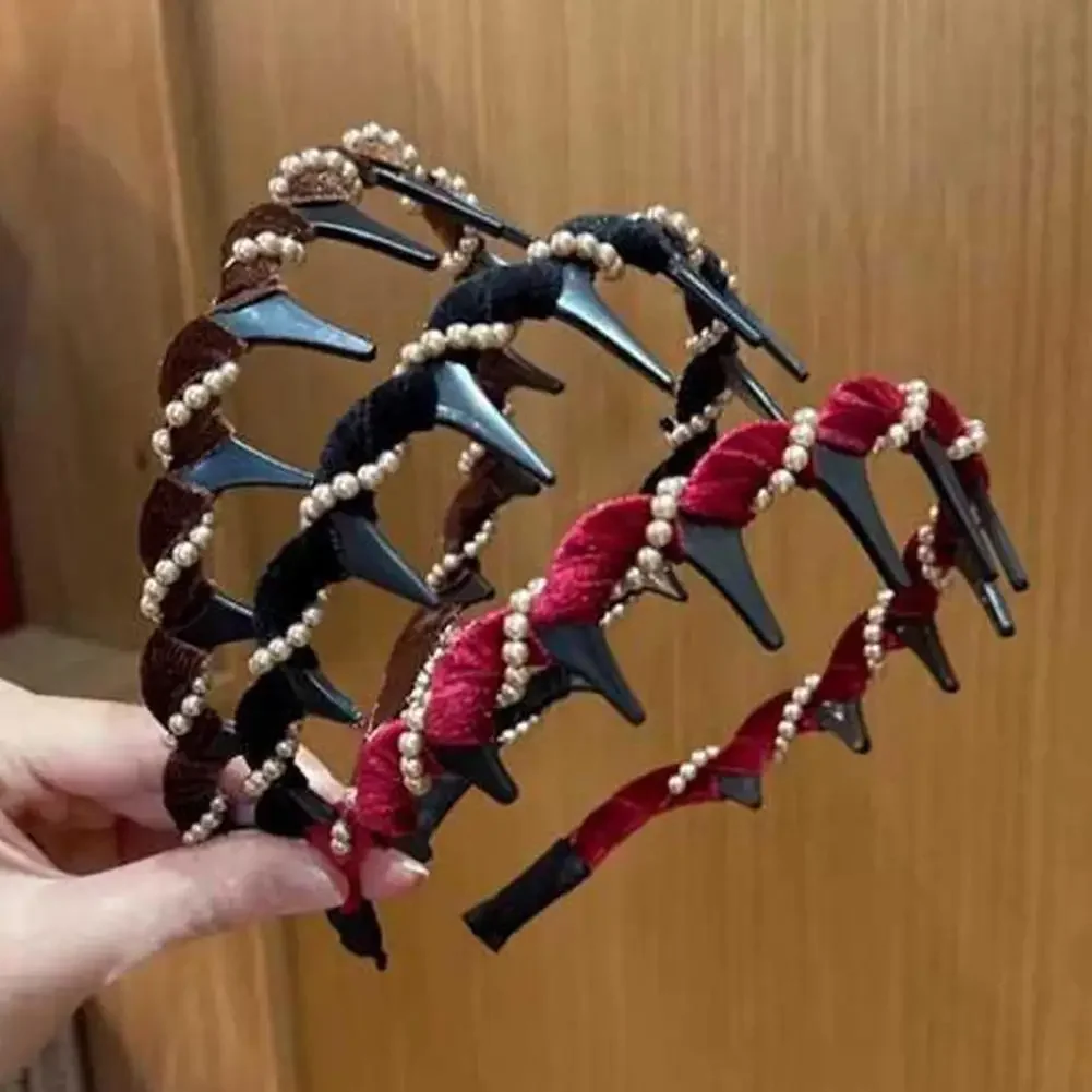 빈티지 벨벳 진주 웨이브 헤어밴드 미끄럼 방지 톱니형 헤어밴드 여성 소녀용 패션 달콤한 헤어 액세서리