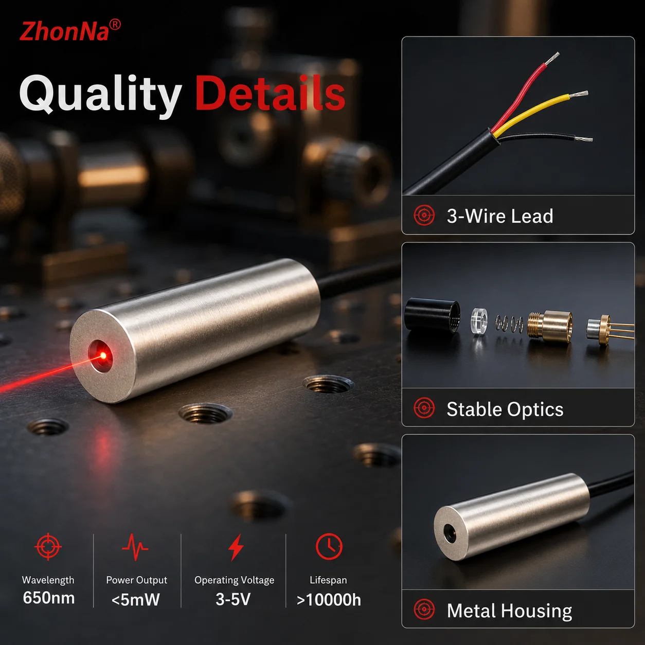 ZhonNa 650nm 5mW Reverse Polarity Red Laser Module Ground Wire Single Point Laser Locator Aiming Optical Level Tool Accessories