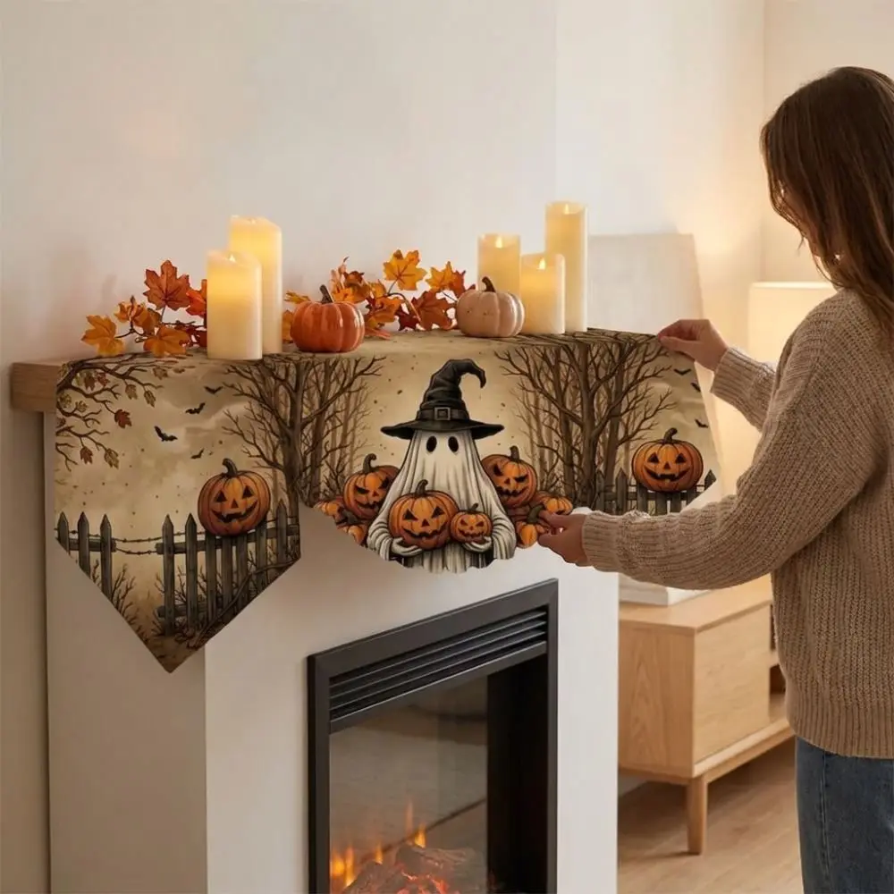 Scalloped Edge Halloween Mantel Scarf Haunted House Autumn Pattern Fireplace Shelf Cover Country-Style Pumpkin Theme