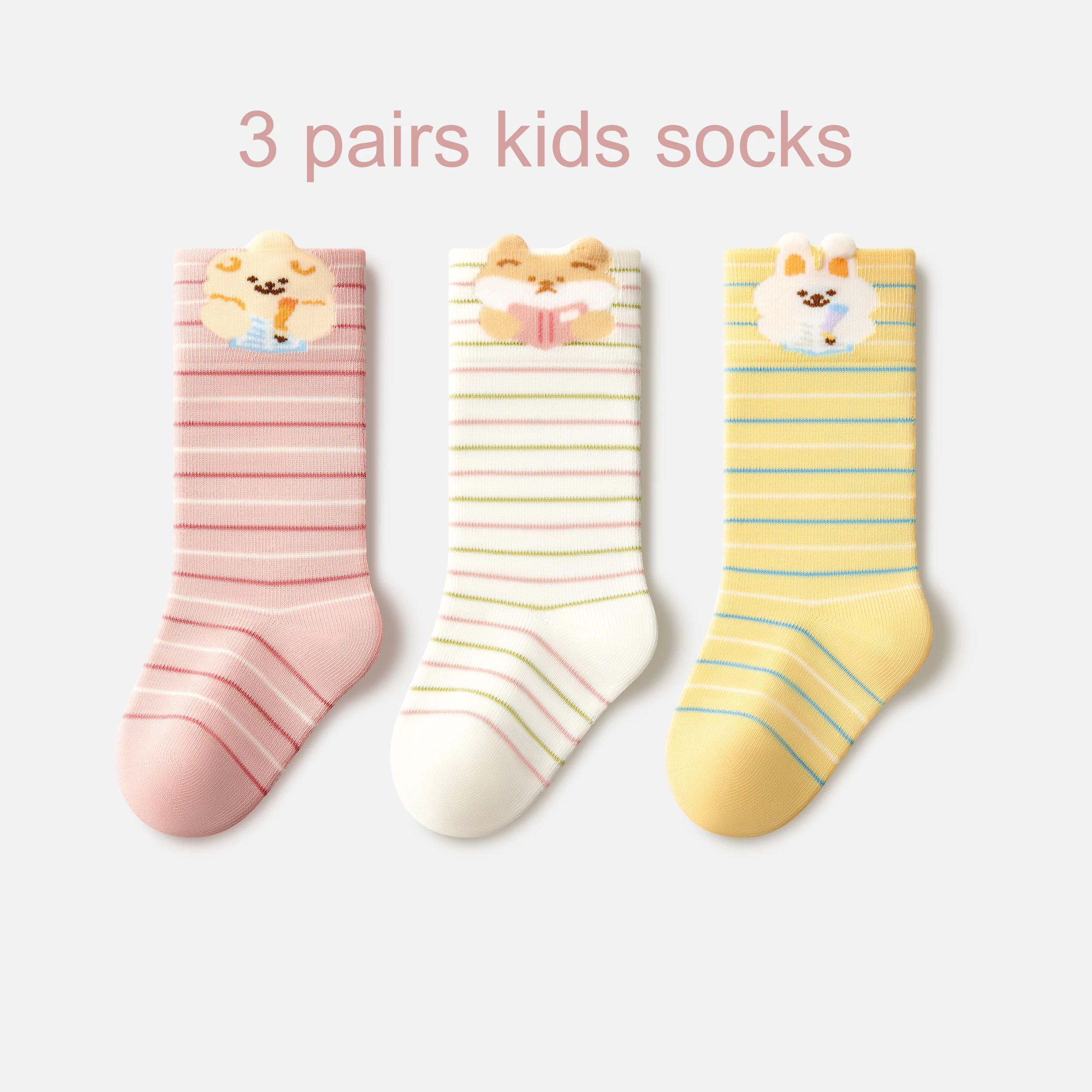 Beibi 3-Pack Girls Mid-Calf Socks Cute Cartoon Animal Striped Print Fun Colors Warm Autumn Winter Kids 0-6 Years Old