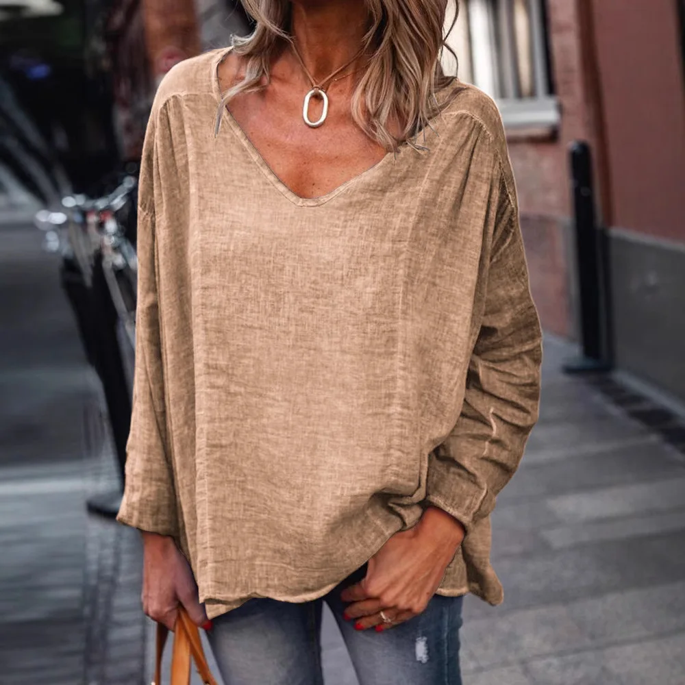 Women T-shirt V-Neck Long Sleeve Loose Fit Tee Shirt Solid Color Breathable Casual Pullover Tops Daily Wear