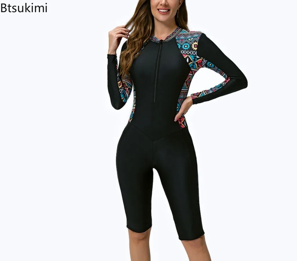 2025New Women Swimsuit Long Sleeve One-Piece Bathing Suits Female Beachwear Sport Style Girls Swimwear Woman Surfing Suit Diving