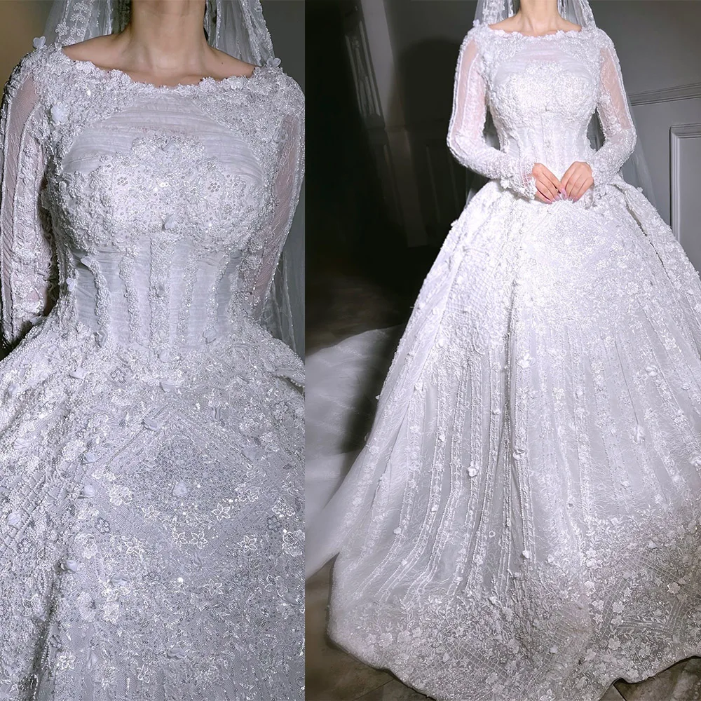 

Арабское кружевное бальное платье Свадебные платья для невесты Роскошные пышные 3D цветы с длинным рукавом Свадебные платья принцессы по индивидуальному заказу Robe De Mar