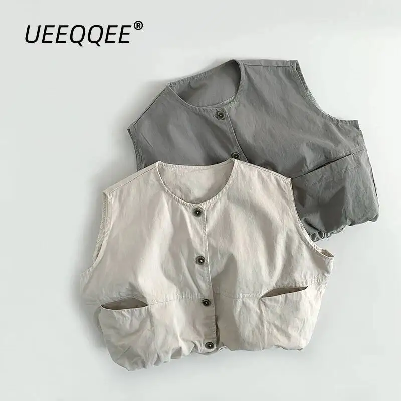 

Spring Autumn Children Vest 1-8Y Boys Cotton Button Pocket Waistcoats Tank Tops Korean Toddler Outerwear For Kids Clothing New