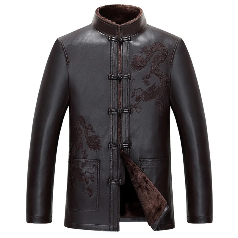 

Real Leather Mens Fashion Jackets Overseas Chinese Style Men Sheepskin Dress Suit Coat Oversize Clothes Dragon Embroidery Coats