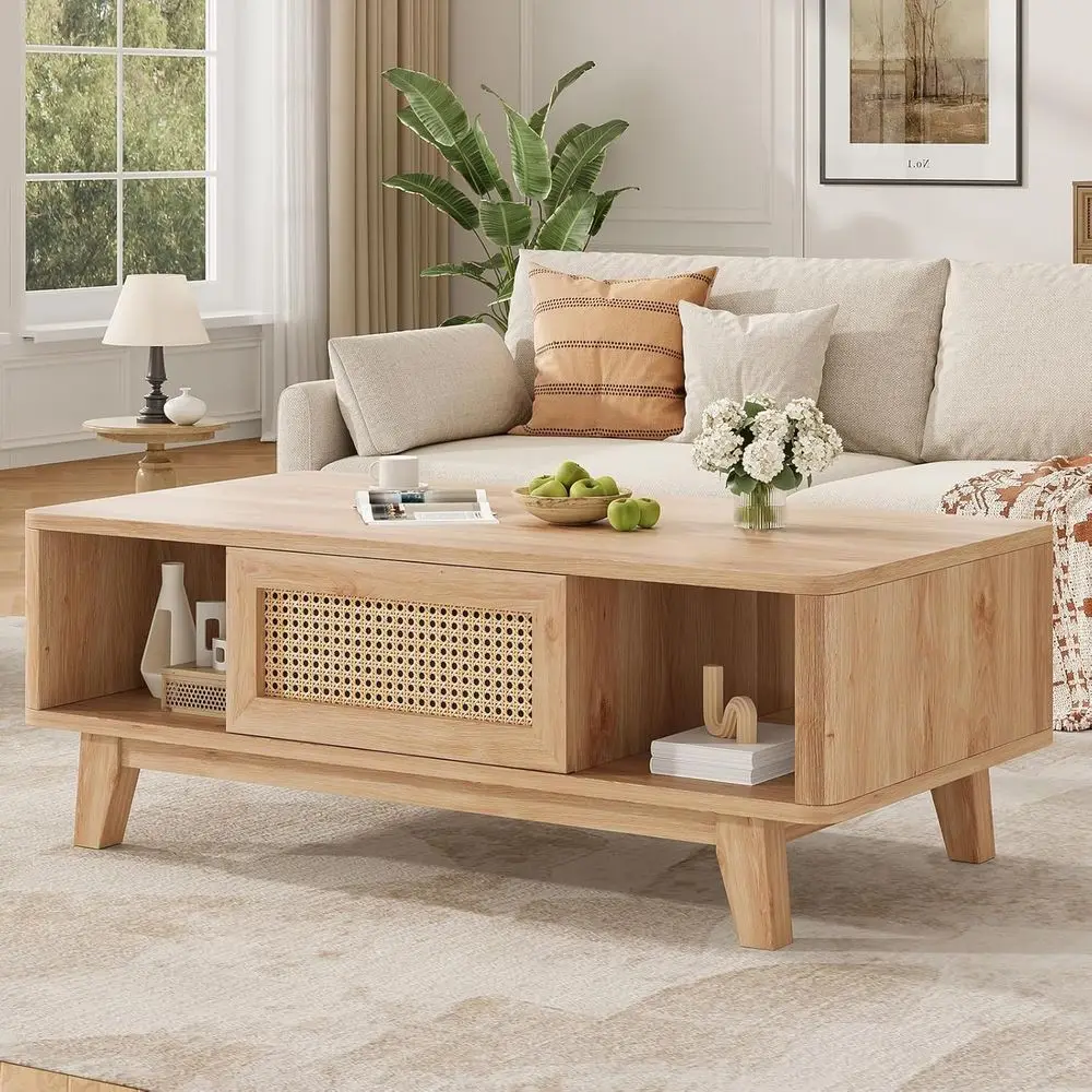 

Modern Living Room Storage Coffee Table with Rattan Design and Solid Wood Legs