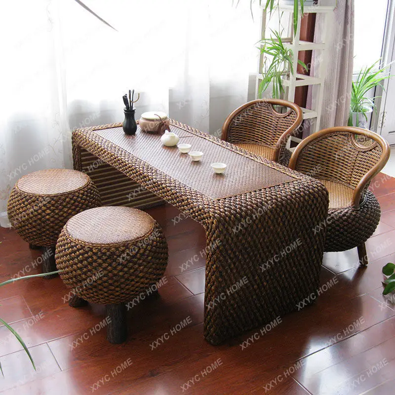 Rattan Living Room Coffee Table Antique Balcony Table-Chair Set Straw