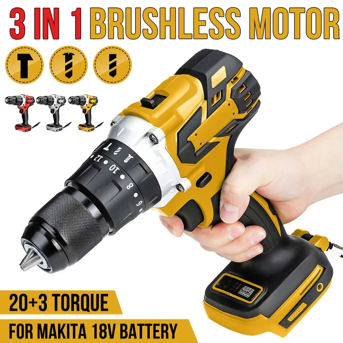 

3 in 1 18V Brushless Electric Impact Drill 13mm 20+3 Torque Electric Screwdriver Cordless Hammer Drill for Makita 18V Battery