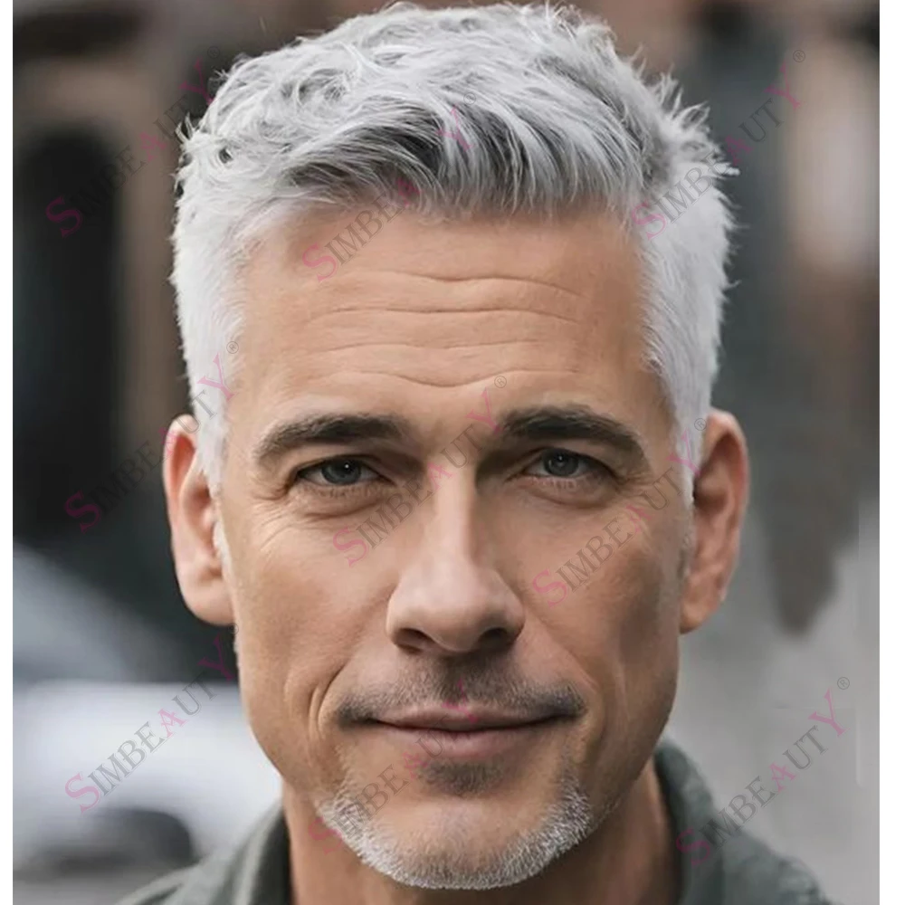 Old Man Human Hair Toupee Natural Hairline 80% Gray Hair Soft Top Quality Poly Skin Hairpieces Male Capillary Prosthesis System