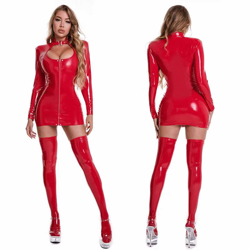 Sexy Leather Clothes Woman Lingerie Sexy Pajamas Black Leather Dress Erotic Jumpsuit Porn Stripper Costume Hot Sex Set Club Suit