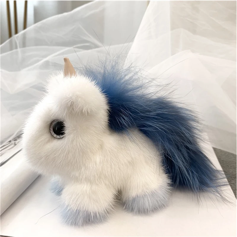 Korean Ins Mink Fur Unicorn Bag Pendant Real Plush Doll Pony Mink Fur Car Keychain Pendant For Wimen