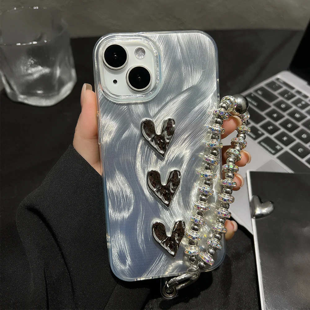 Love Heart Laser Glitter Wrist Chain Phone Case For iPhone 16 Pro Max Case iPhone 11 12 13 14 Plus 15 Pro Max Lanyard Case Cover