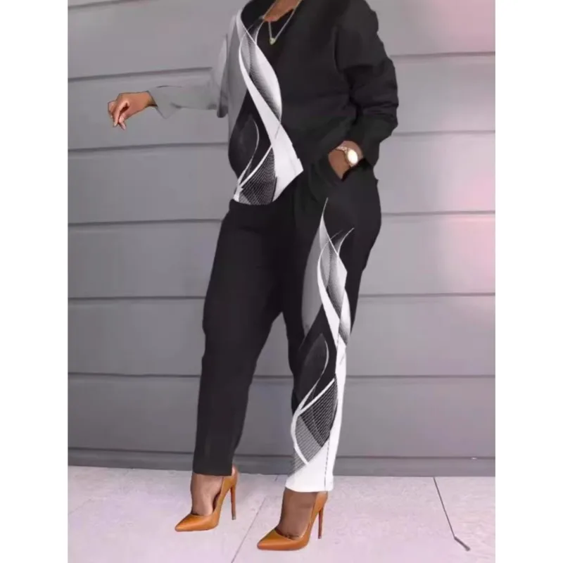 2025年秋 レディース ツーピースセット ファッション プリント Oネック カジュアル 長袖Tシャツ トップス＆パンツ 上下セット セットアップ