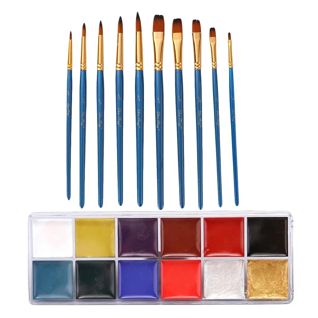 12 Non- Oil Based Cosmetics with 10pcs Painting Brush for Christmas Party Fancy Dress Makeup