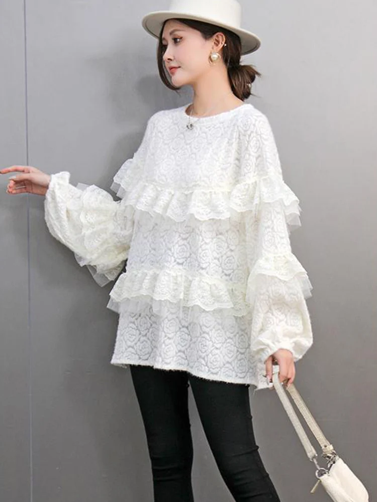 SHENGPALAE Fashion Spliced Lace Tops Women Versatile O-neck Patchwork Full Sleeve Casual Chic Style Female T-shirts 5G520