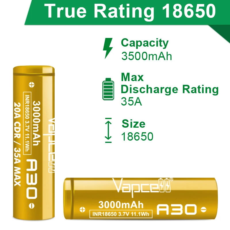 New Release Vapcell A30 18650 Battery 3000mah Real Capacity INR18650 3.7V 35A Rechargable Batteries For Battery Packing Cell