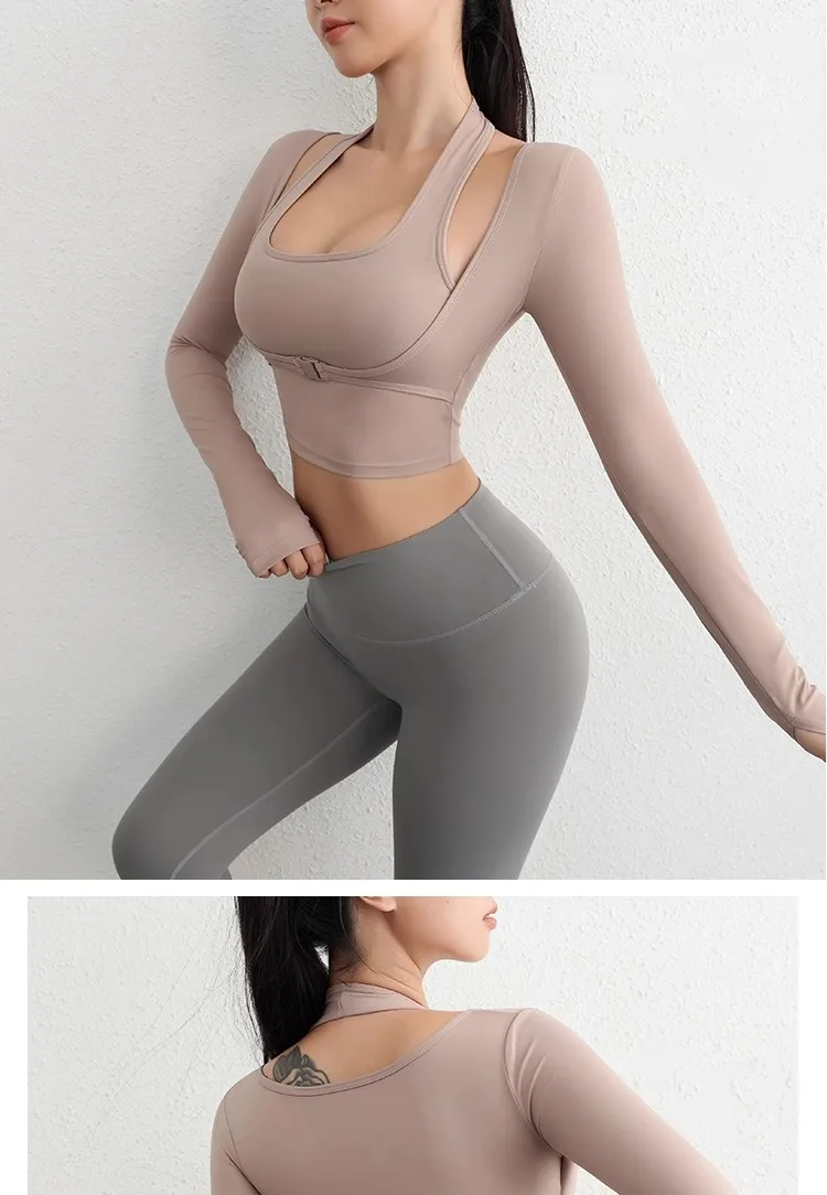Herbst Sport Damen Oberteile Modische Langarm-Trainings-Tops mit Daumenlöchern Fitness Crop Yoga-Top – Detail 8