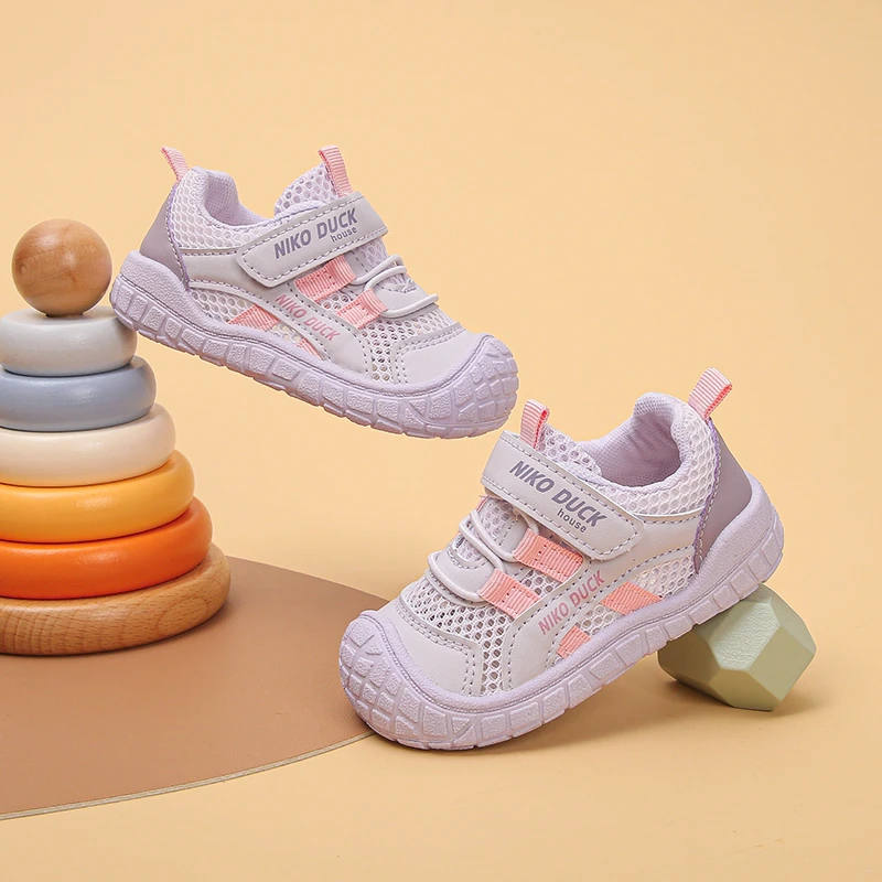 Toddler Baby Breathable Mesh Walking Shoes Color Block Stripe Hook And Loop Strap Anti-Collision Toe Cap Non-Slip Flexible Rubbe