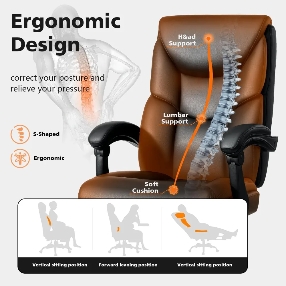 Cadeira de escritório de 400 libras com descanso para os pés, cadeira de escritório grande e alta reclinável com almofada de mola de apoio lombar, couro PU com encosto alto