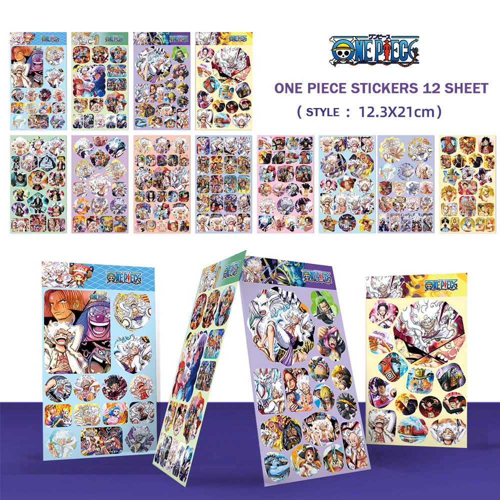 12 sheets One Piece Stickers Book DIY Fridge  Luffy Gear 5 Motorcycle Skateboard Graffiti Joke Sticker Decal Kid Toys Gift