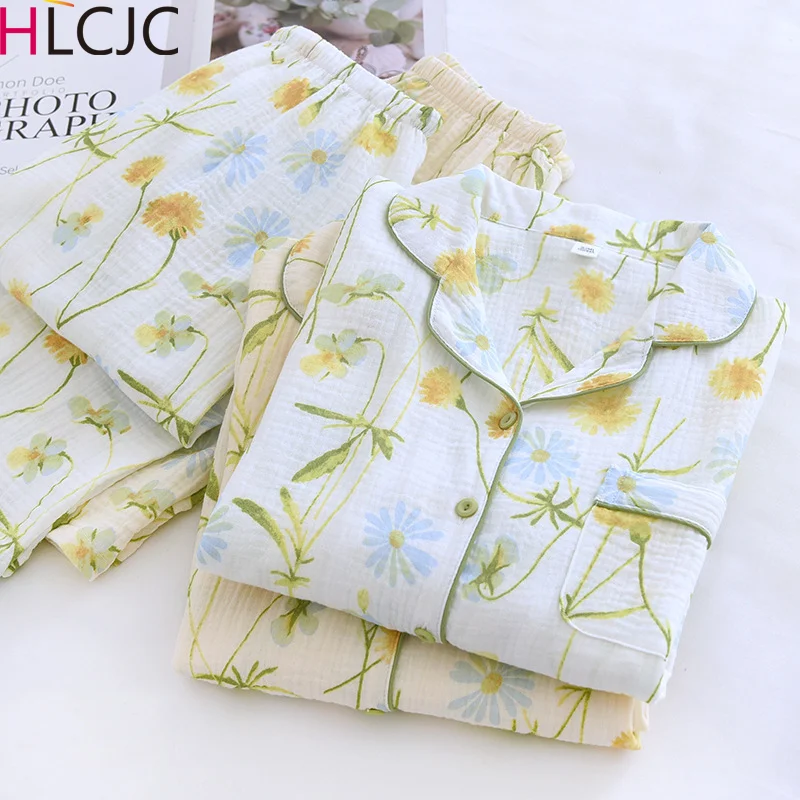 2024 New Spring and Autumn Women's Chamomile Print Pajama Set 100% Cotton Crepe Cloth Pyjamas Long Sleeve Two Pieces Sleepwear