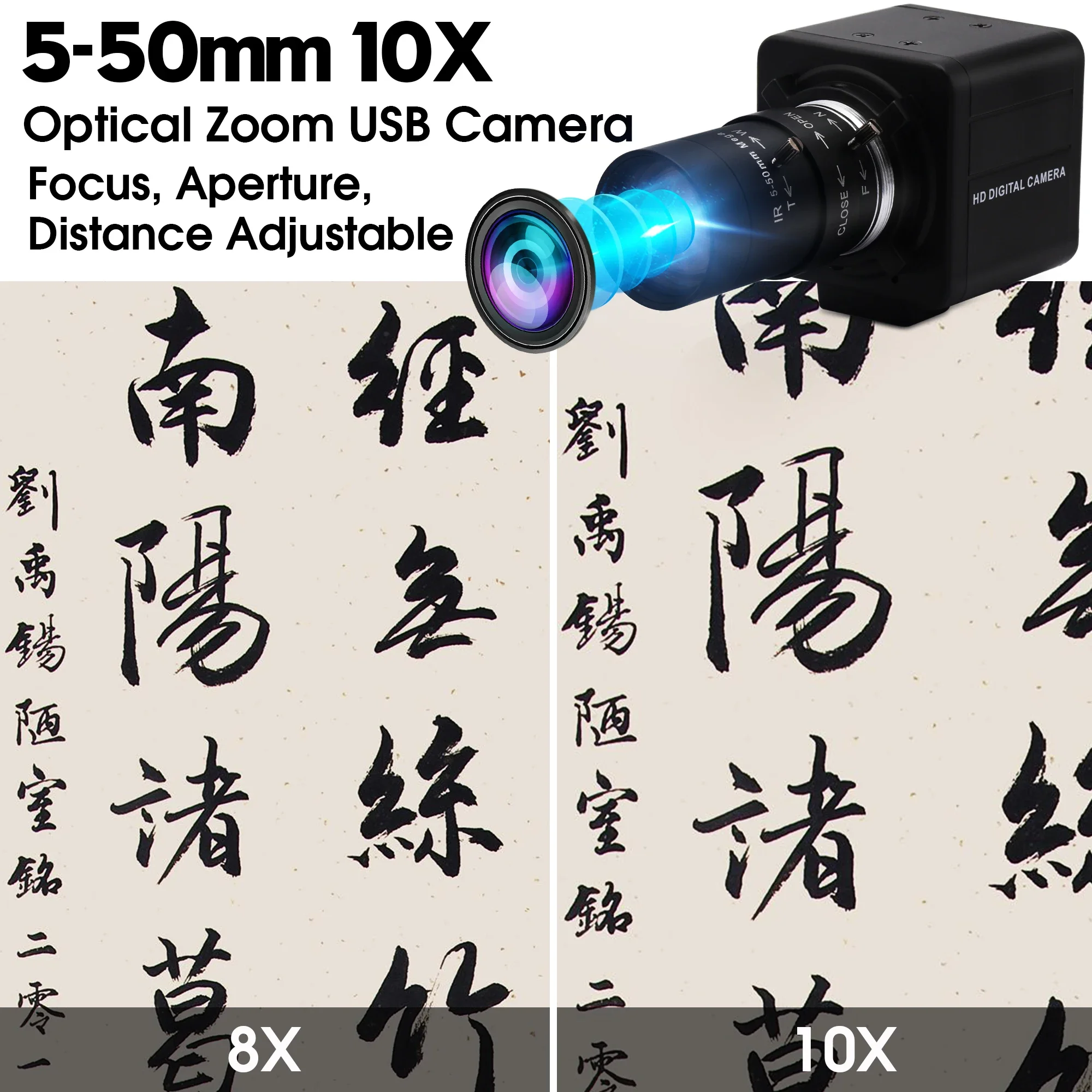 ELP 4K UHD USB Camera 2160P 30fps High Speed Camera 10X Optical Zoom USB Webcam with 5-50mm Manual Focus Lens for Live Streaming