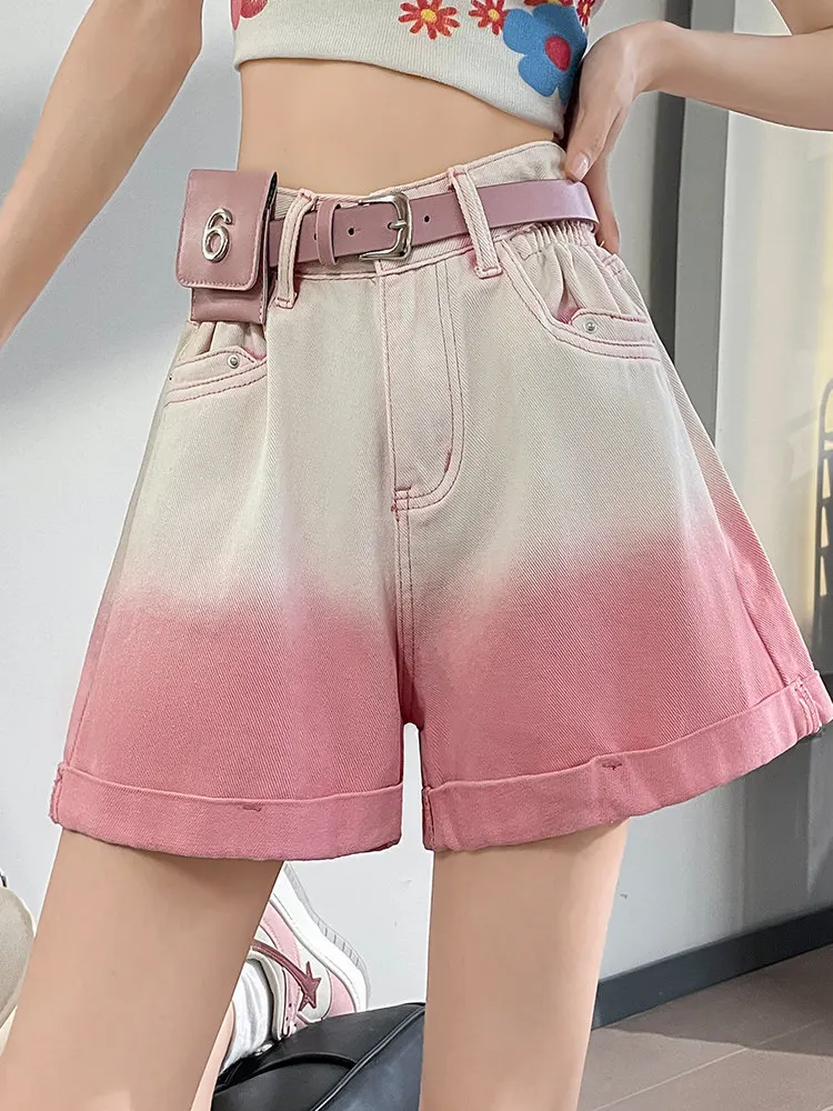 Gradient denim shorts women's summer trendy versatile loose wide leg high waist A-line floral bud four quarter pants