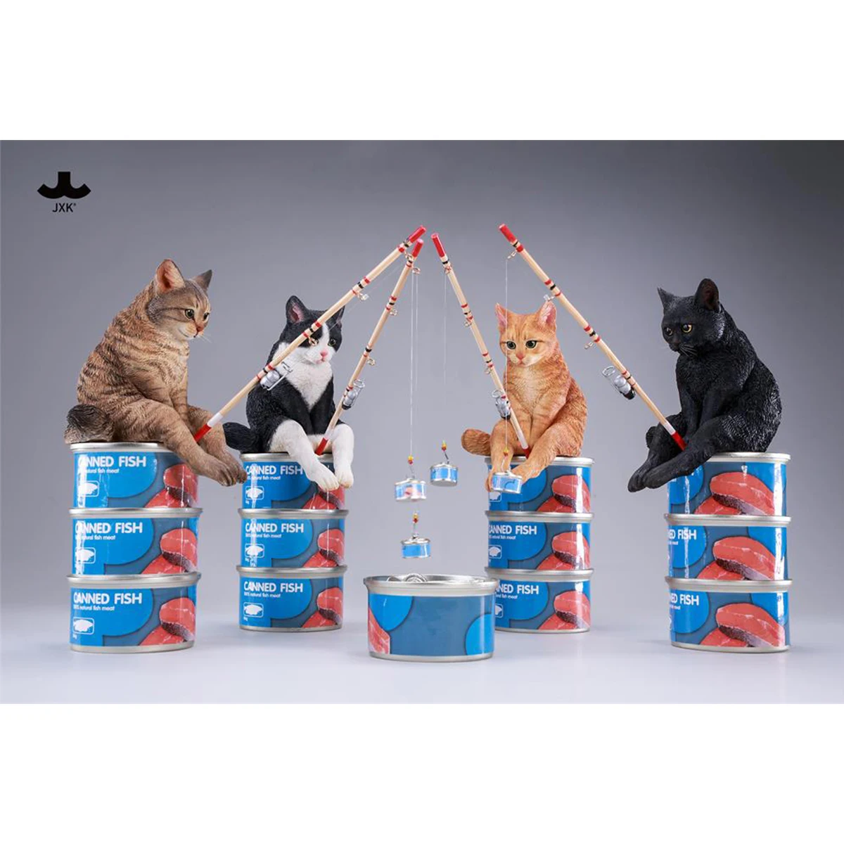 HIPLAY JXK Dream-Fishing Kitten Cat Figura de animal realista estática experta pintada a mano negra