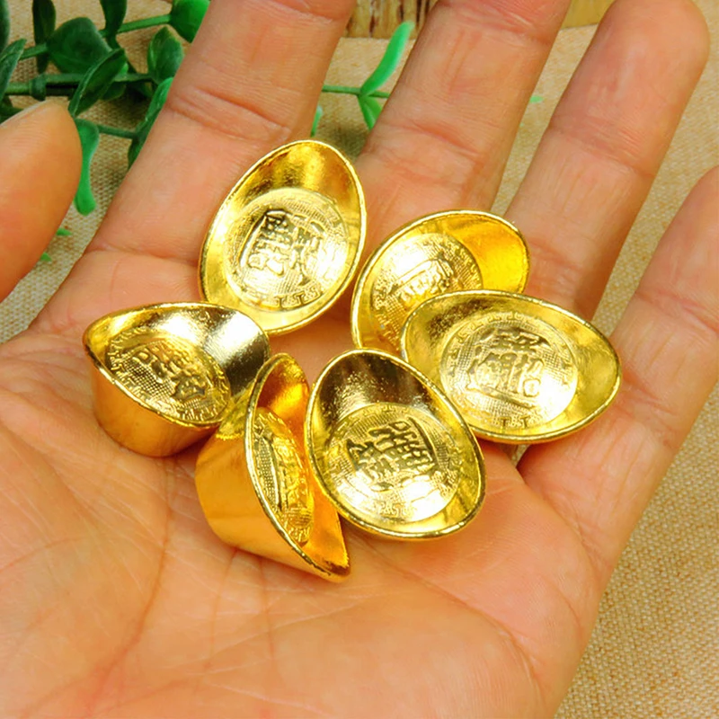 [E] Ingot Gold Chinese Yuan Bao Wealth Golden Statue Ingots Decor Ornament Decorative Year New Bar Lucky Money Prosperity Figur