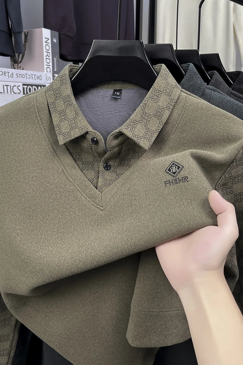 

Mulberry Silk Long-sleeved Fake Two-piece Sweater, Autumn and Winter with Fleece and Thickened Casual Lapel POLO Shirt