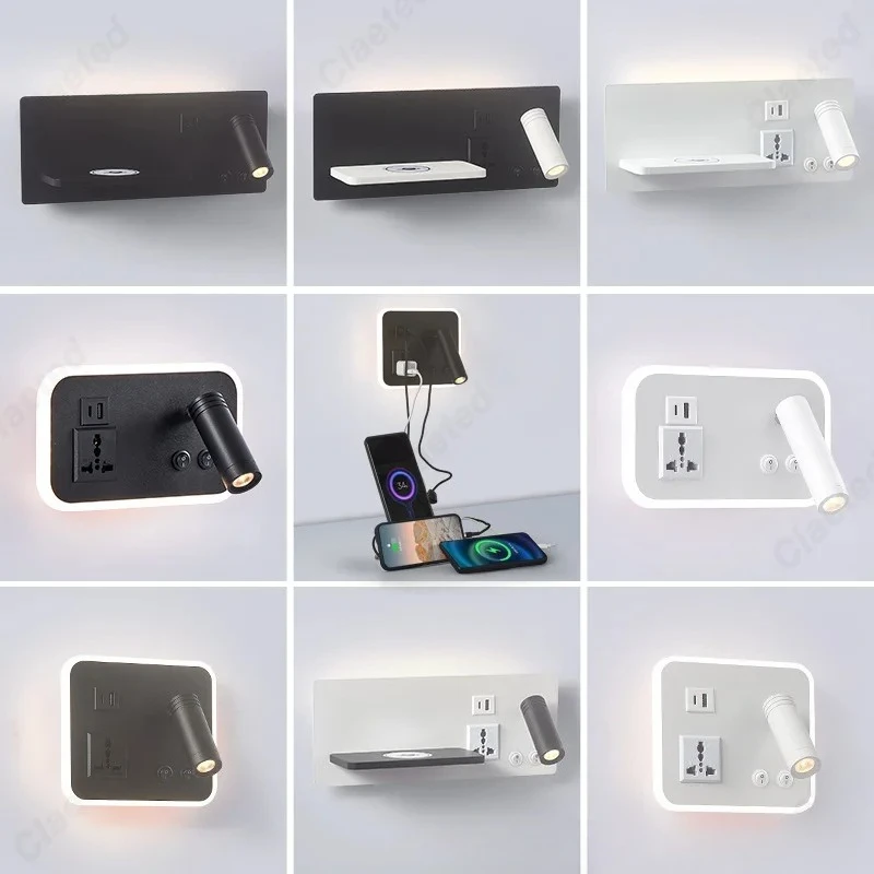 LED Adjustable Angle Wall Lamp USB Charging Port Mobile Wireless Charging Living Room Hotel Bedroom Bedside Reading Light