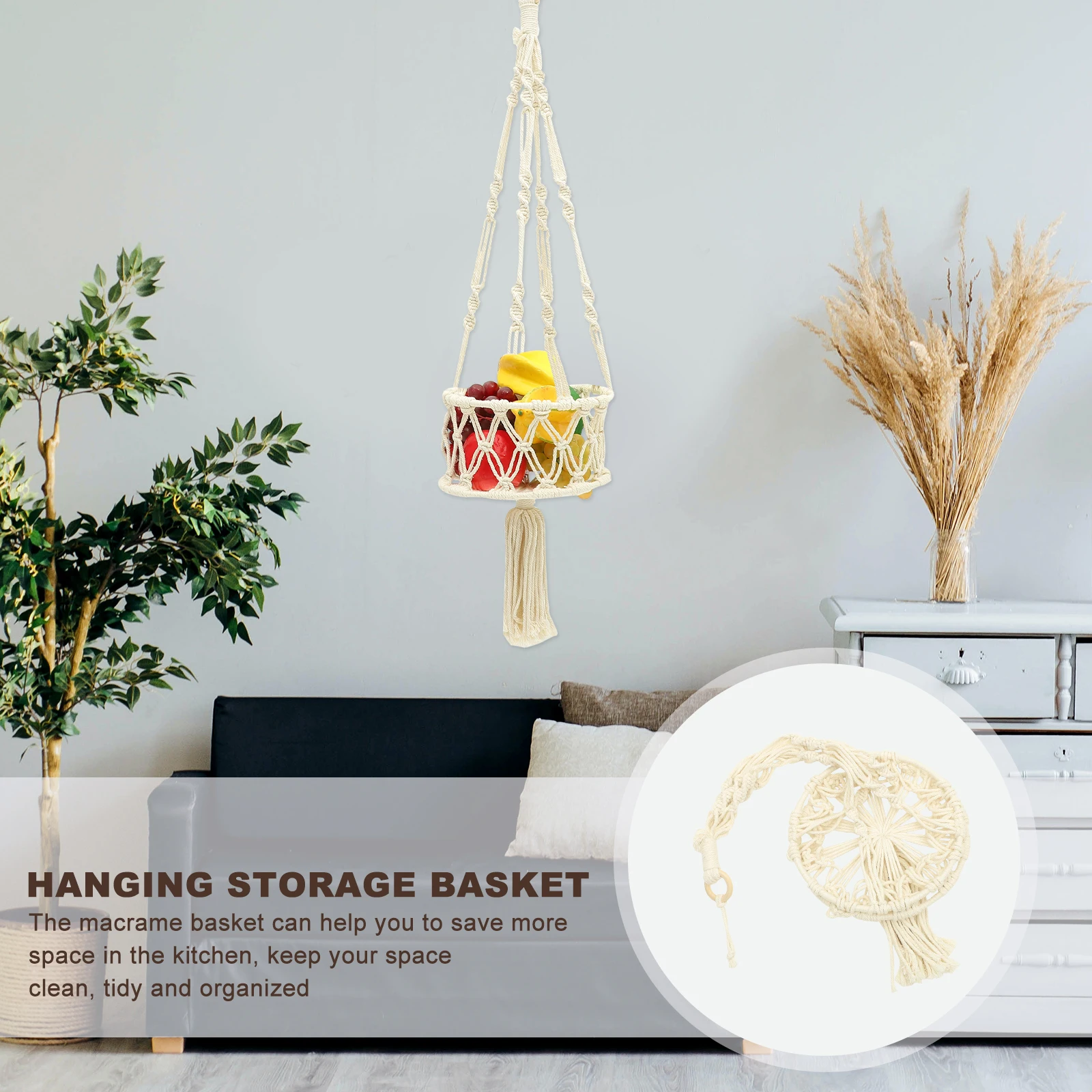 

Macrame Hanging Fruit Basket Handwoven Cotton Rope Decorative Multi-Function Vegetable Storage Kitchen Hanging Basket