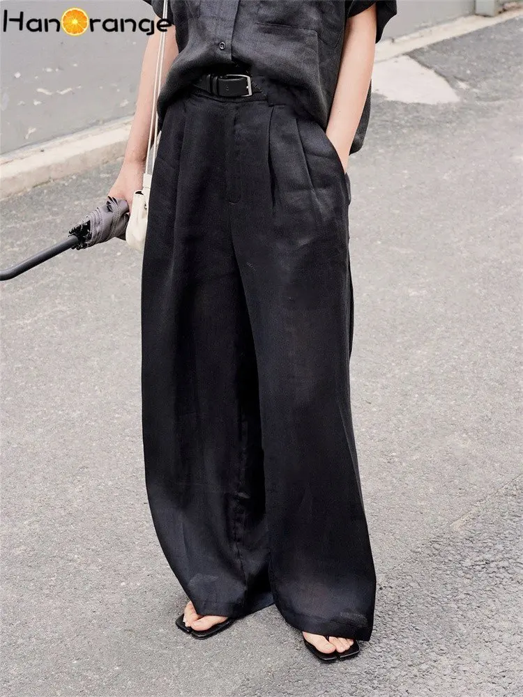 HanOrange 2023 Retro Cool Sky Silk Ramie Wide Leg Pants Loose Drop Sun Protection Trousers Female Black/Light Blue