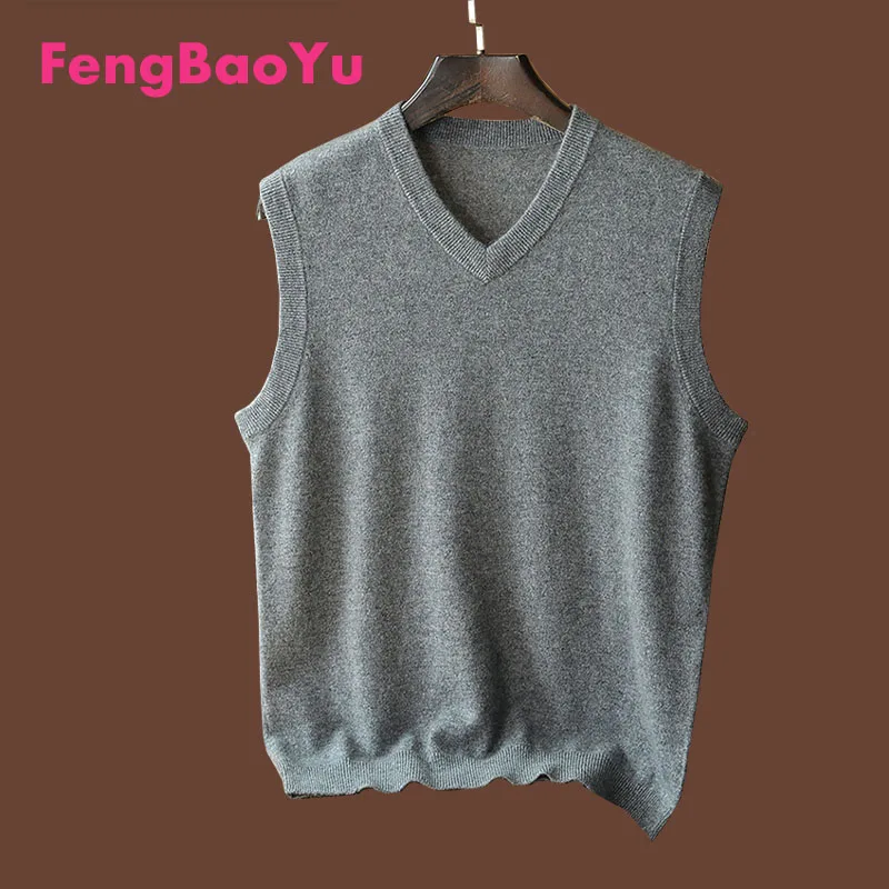 Fengbaoyu Autumn and Winter 100% Cashmere Vest Knitted Waistcoat Men's Pullover Base Casual Warm Vest Sleeveless Sweater Gray