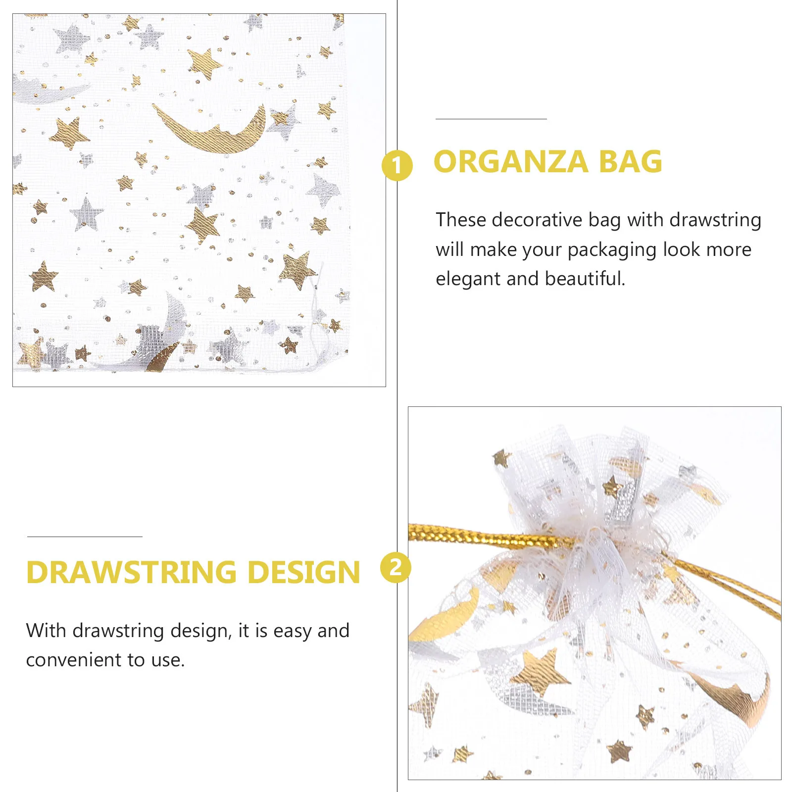 

100Pcs Shiny Stars Moons Print Organza Drawstring Gift Bags Mini Storage Pouches for Party Favors Handmade Soap Earring