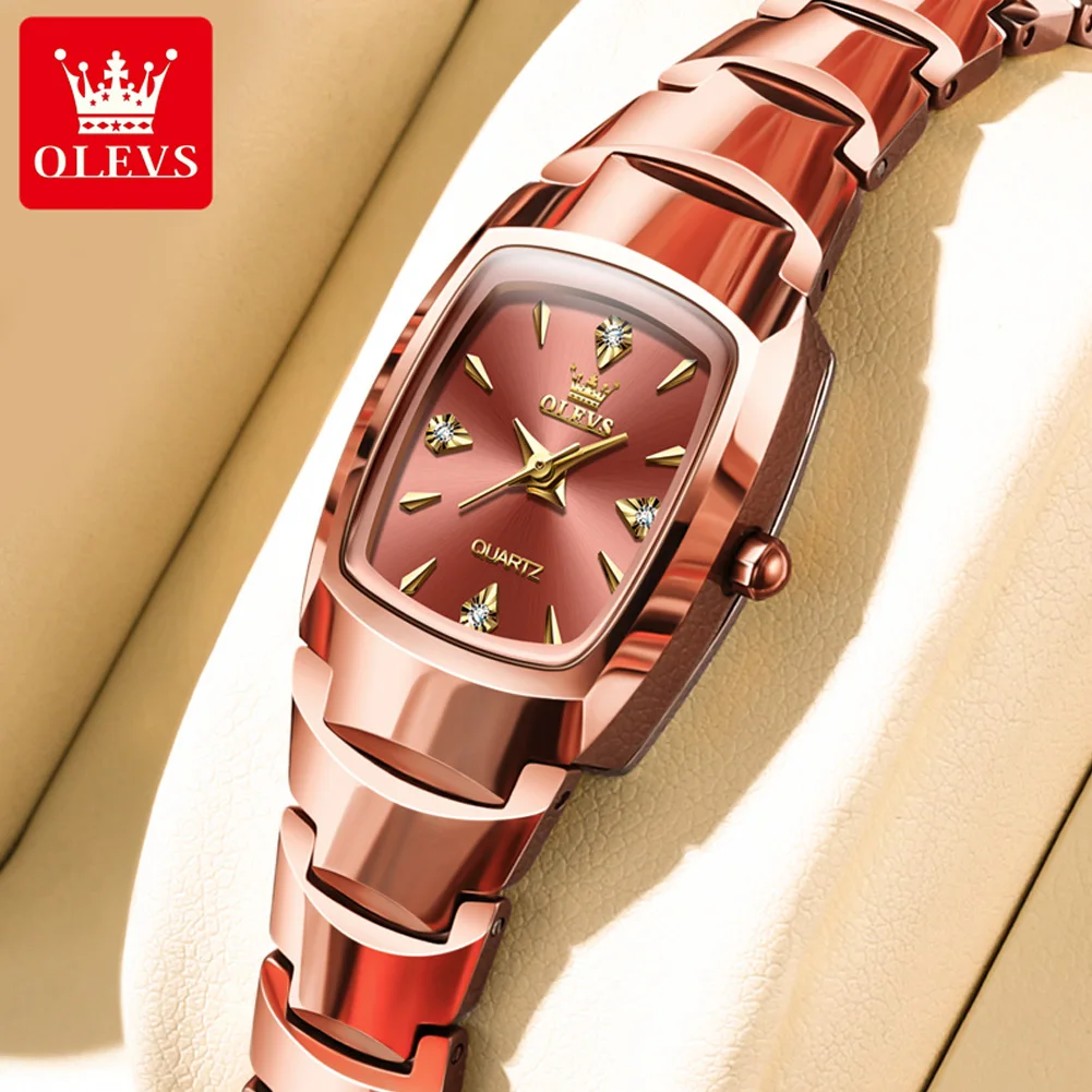 OLEVS 7006 Luxury Watches Women Elegant Rose Gold Square Tungsten Steel Strap Ladies Wristwatch Original Quartz Watch for Women