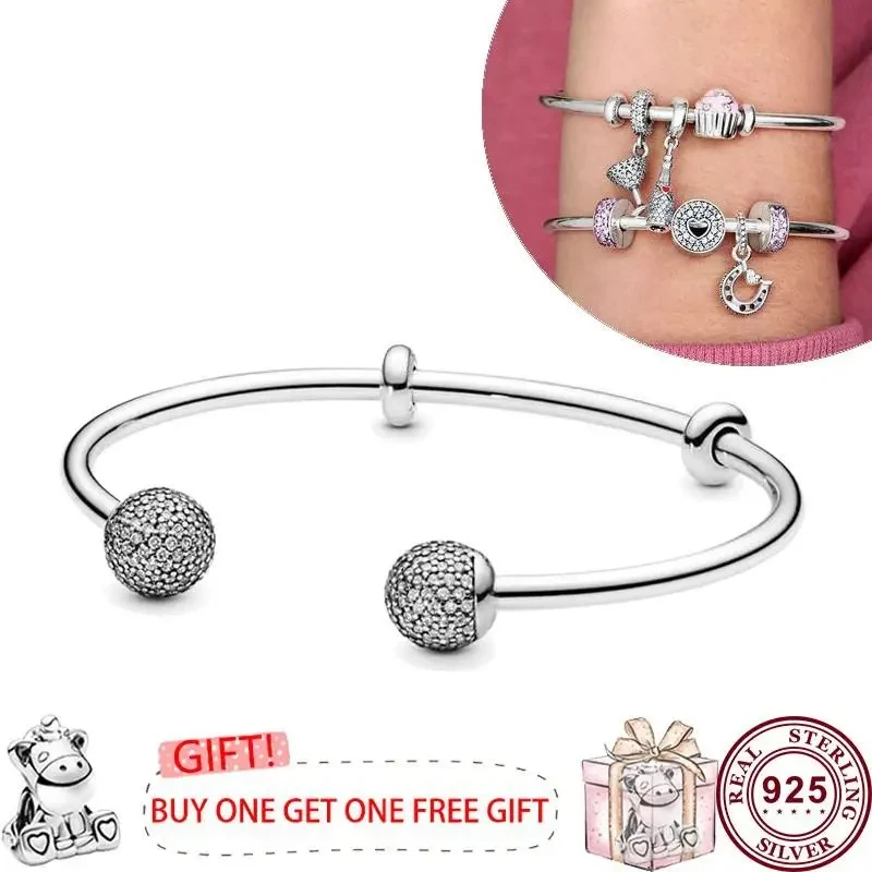 Hot Selling 925 Silver Classic Sparkling Star Moon Snake Women's Original Open Sign Bracelet Wedding DIY Charm Jewelry